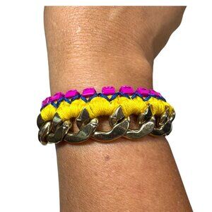 Vintage Artisan Woven Chain  & Pink Rhinestones Bracelet With Adjustable Clasp